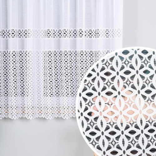 Krótka firanka żakardowa do kuchni ze ażurowym wzorem pasowym, kolor biały, oferowana w kilku wysokościach - sprzedawana na metry