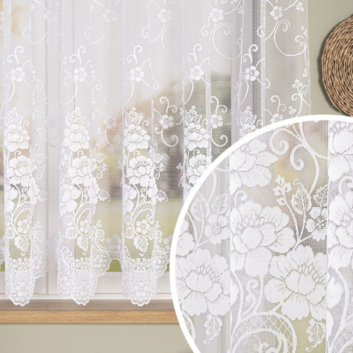 Biała firanka żakardowa z kwiatowym wzorem na całej powierzchni, dostępna na metry w wysokościach 160 i 170 cm