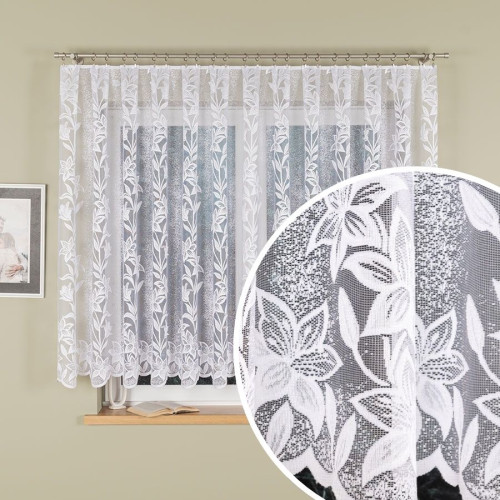 Krótka firanka żakardowa ze wzorem roślinnym po całości, kolor biały, oferowana w dwóch wysokościach  - sprzedawana na metry