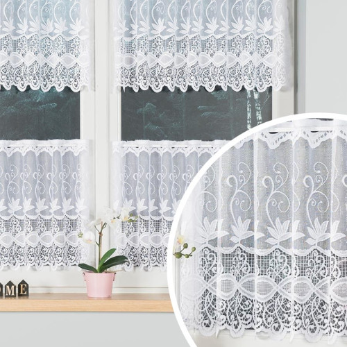 Biała zazdrostka żakardowa z liściastym wzorem i koronkowym dołem, dostępna w różnych wysokościach – sprzedawana na metry