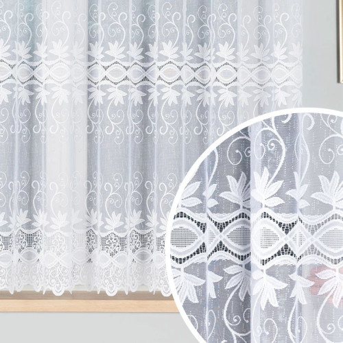 Krótka firanka żakardowa ze wzorem roślinnym, wykończona bordiurą, kolor biały, oferowana w kilku wysokościach - sprzedawana na metry