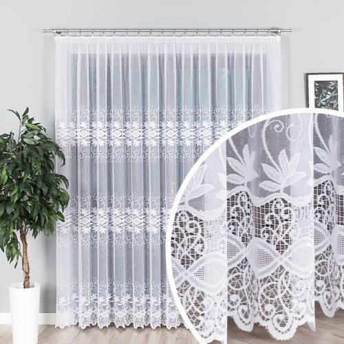 Długa firana żakardowa ze wzorem roślinnym, wykończona bordiurą, kolor biały, dostępna w kilku wysokościach - sprzedawana na metry