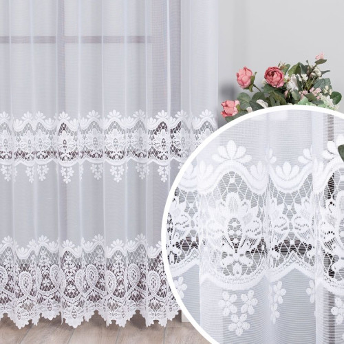 Długa firana żakardowa do salonu  z koronkowy motyw florystyczny w układzie pasowym, kolor biały, wysokość 250 cm - sprzedawana na metry