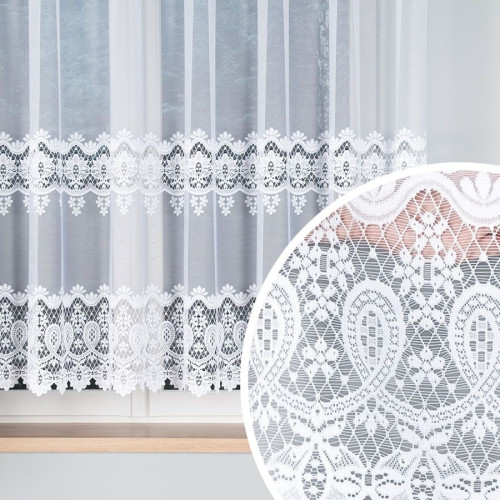 Krótka firanka żakardowa z koronkowy motyw florystyczny w układzie pasowym, kolor biały, dostępna w kilku wysokościach - sprzedawana na metry