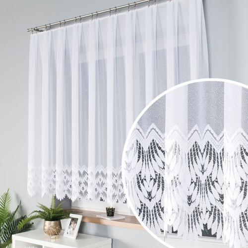 Krótka firanka żakardowa do salonu ze wzorem ażurowym na  samym dołem, kolor biały, oferowana w kilku wysokościach, Felicja - sprzedawana na metry