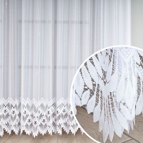 Długa firana żakardowa do salonu ze wzorem ażurowym na samym dołem, kolor biały, oferowana w dwóch wysokościach, Felicja - sprzedawana na metry