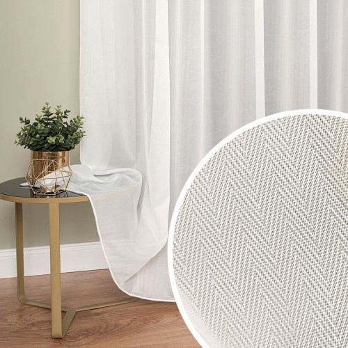 Firana wykonana z delikatnie błyszczącej przędzy z ołowianką, do szyny sufitowej, kolor biały, wysokość  do 270 cm, Jodełka - szyta na wymiar