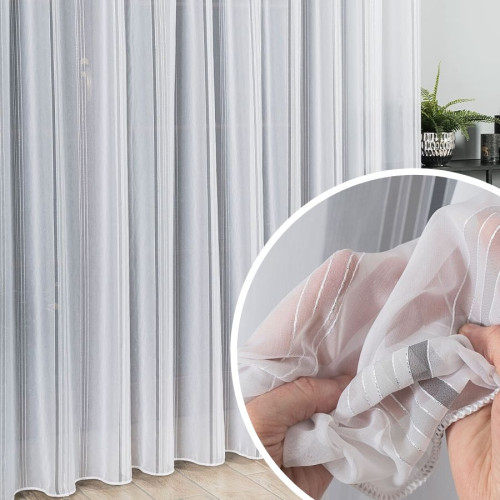 Firanka markizeta ze wzorem pasowym z ołowianką, kolor biały z szarym i srebrną nicią, wysokość 320 cm, 019879 - sprzedawana na metry