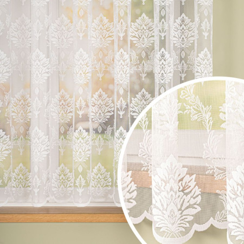 Krótka firanka żakardowa z liściasto-ornamentowym wzorem, kolor biały, oferowana w 2 wysokościach - sprzedawana na metry