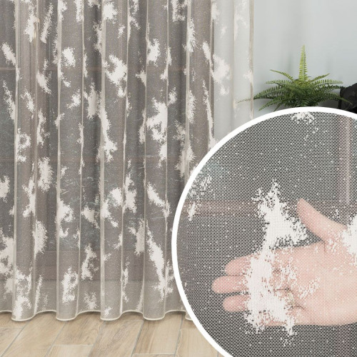 Długa beżowa firana żakardowa z przecieranym wzorem i ołowianką, oferowana w wysokości: 250 i 330 cm cm, 022601 - sprzedawana na metry