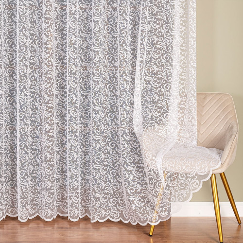Firanka żakardowa 250 cm – elegancki biały wzór z ornamentem, dekoracyjny brzeg