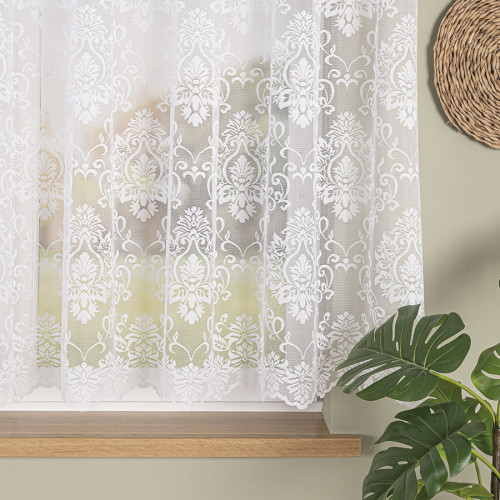 Firanka żakardowa na metry z białym wzorem i wykończeniem falą – wysokość 160 lub 170 cm