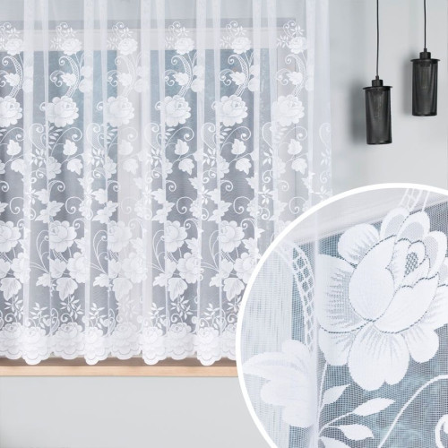 Krótka firanka żakardowa do kuchni z dużym kwiatowym wzorem, oferowana w kilku wysokościach - sprzedawana na metry