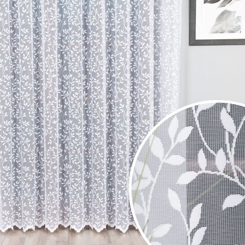 Długa biała firana żakardowa do salonu z motywem liści po całości, oferowana w kliku wysokościach - sprzedawana na metry