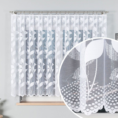 Krótka firanka żakardowa w liście do kuchni, oferowana w kilku wysokościach do 180 cm - sprzedawana na metry