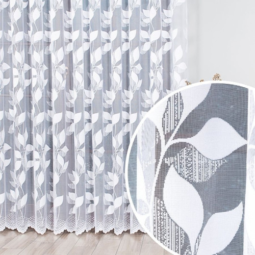 Długa firana żakardowa w liście do salonu  kolor biały, oferowana w dwóch wysokościach - sprzedawana na metry