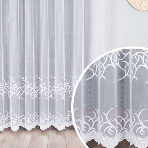 Żakardowa firana z delikatnym roślinnym wzorem na przelotkach, kolor biały, wysokość do 230 cm - szyta na wymiar