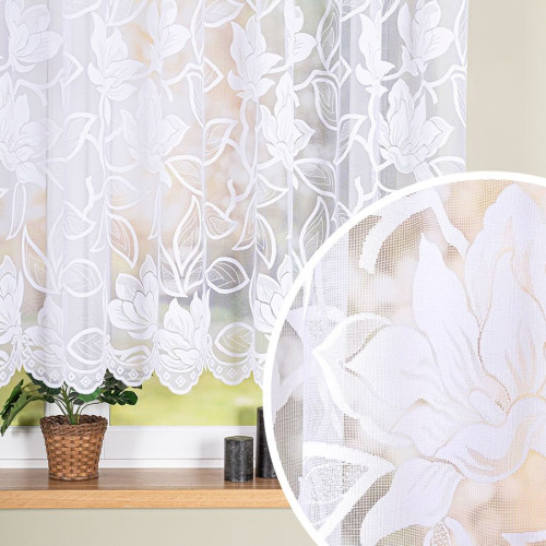 Franka żakardowa do salonu z dużym kwiatowym wzorem po całości na taśmie marszczącej, wysokość do 300 cm, kolor biały - szyta na wymiar
