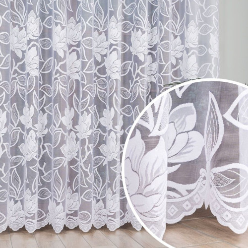 Długa firana żakardowa z dużym kwiatowym wzorem po całości do salonu, oferowana w kilku wysokościach, kolor biały - sprzedawana na metry