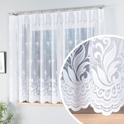 Krótka firanka żakardowa z pasowym wzorem kwiatowym idealna na okno balkonowe, kolor biały, oferowana w kilku wysokościach - sprzedawana na metry