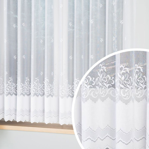 Firanka żakardowa biała ze wzorem pasowym, wysokość 160/180 cm, na metry ze zbliżeniem wzoru