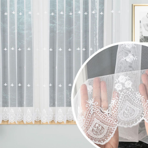 Krótka firanka z roślinnym, błyszczącym haftem na całej wysokości, kolor biały, wysokość 160 cm, 024489 - sprzedawana na metry 