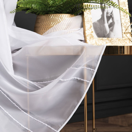 PREMIUM ALLURE Firanka z ozdobnymi pionowymi pasami i ołowianką na haczykach fleks, Lana, kolor biały, wysokość do 280 cm - szyta na wymiar