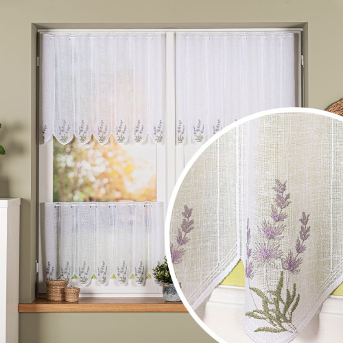 Biała panelowa zazdrostka na batyście z kolorowym haftem, wysokość 60 cm - sprzedawana na metry