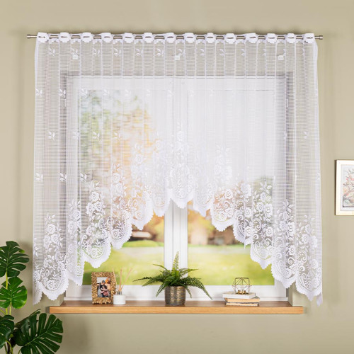 Krótka gotowa, biała firanka żakardowa z fabrycznymi otworami na drążek karnisza, wykończona w łuk, oferowana w kilku rozmiarach, Sara