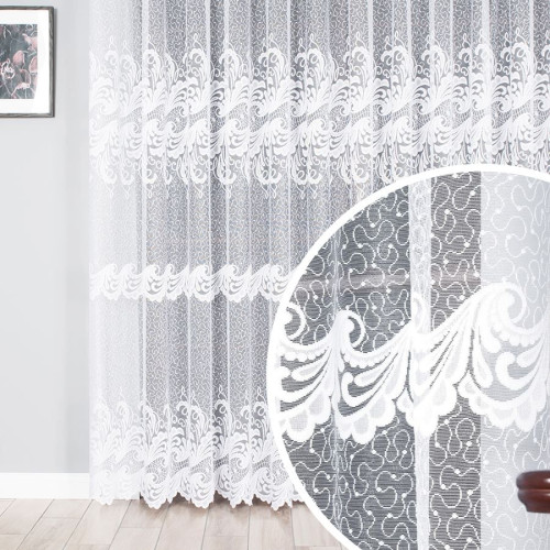 Wzorzysta firanka żakardowa na taśmie wave, kolor biały, wysokość do 250 cm - szyta na wymiar