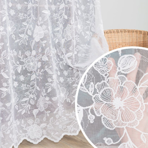 Firanka żakardowa ze wzorem kwiatowym po całości, kolor biały, wysokość 250 cm, 054247 - sprzedawana na metry