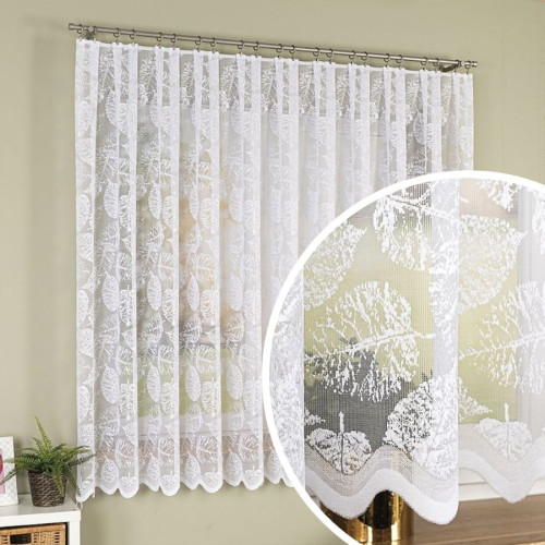 Krótka firanka żakardowa ze wzorem liści po całości, kolor biały, oferowana w 2 wysokościach - sprzedawana na metry