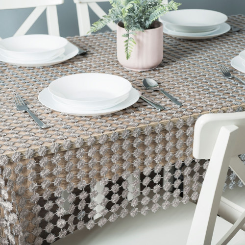 Ciemnoszara tkanina gipiurowa ze srebrnym błyskiem w duże kropki, wysokość 160 cm