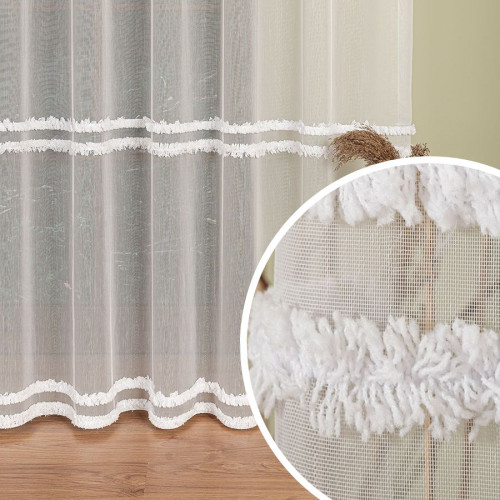 Długa firanka do salonu z poziomymi fryzami, kolor biały, wysokość 300 cm - sprzedawana na metry