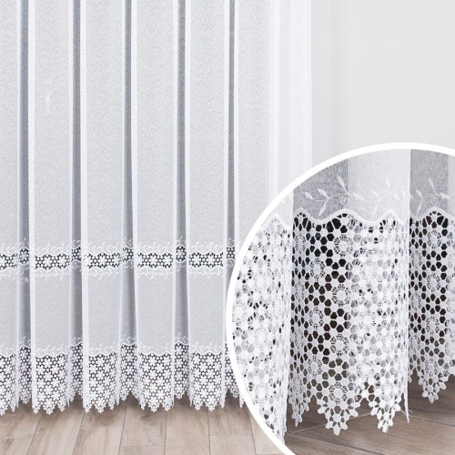 Firana z kwiatową gipiurą na markizecie, na taśmie wave, kolor biały, wysokość do 280 cm - szyta na wymiar