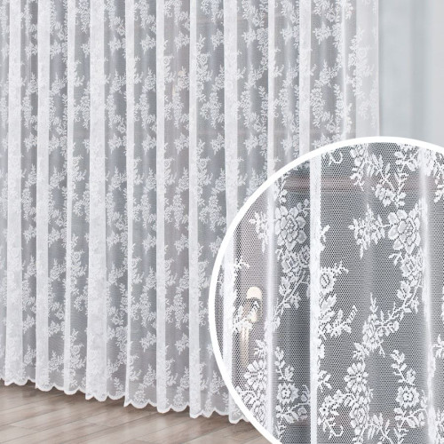 Firana żakardowa, kolor biały, ze wzorem kwiatowym na przelotkach - szyta na wymiar 