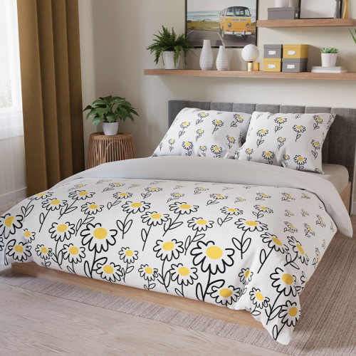 Komplet pościeli z bawełny satynowej, białej z nadrukiem kwiatowym, oferowana w dwóch rozmiarach, Bellis