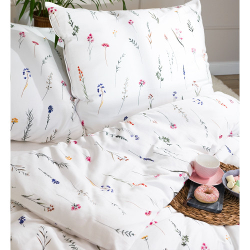 Komplet pościeli z bawełny satynowej, białej z delikatnym nadrukiem polnych kwiatów, dwa rozmiary Ingrid