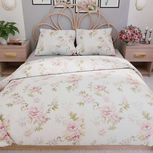 Komplet pościeli z bawełny satynowej, białej z nadrukiem bukietów róż, oferowana w dwóch rozmiarach, Valeria