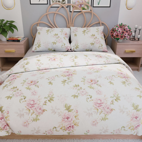 Komplet pościeli z bawełny satynowej, białej z nadrukiem bukietów róż 200x220 cm Valeria
