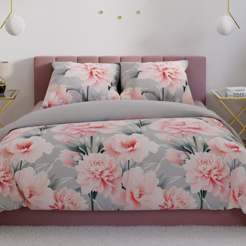 Komplet pościeli z bawełny satynowej, szarej ze wzorem dużych róż, oferowanej w dwóch rozmiarach, Marigold