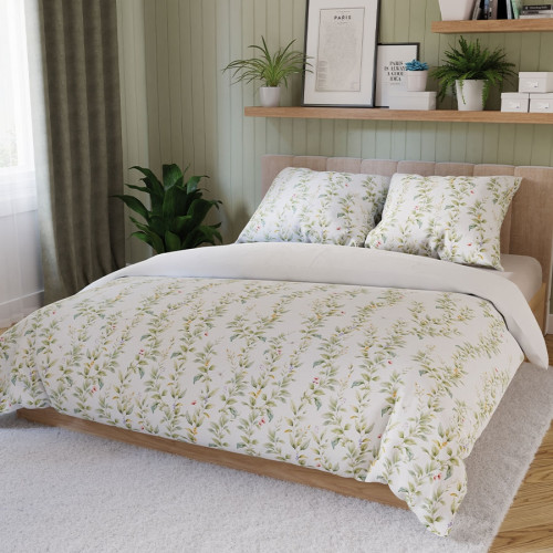 Komplet pościeli z bawełny satynowej, białej z nadrukiem wijących się listków, oferowanej w dwóch rozmiarach, Rima