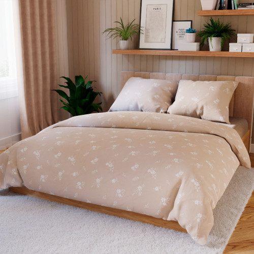 Komplet pościeli z bawełny satynowej, beżowa w białe kwiatki, dwa rozmiary, Velora