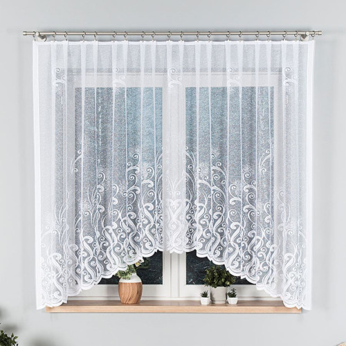 Krótka gotowa firana żakardowa z abstrakcyjnym wzorem wykończona w łuk, kolor biały, rozmiar 300x160 cm, Wanda