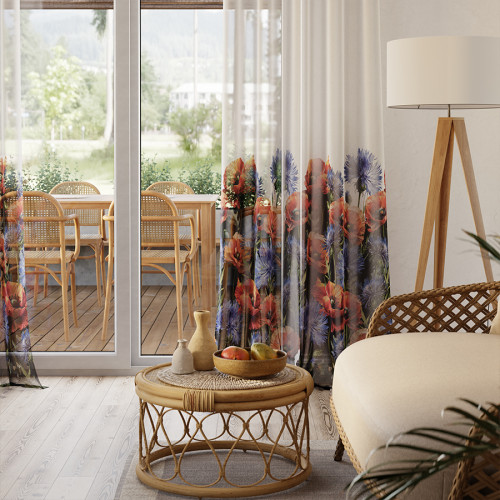  Firana z ołowianką etamina, wzór od dołu, wysokość 295 cm, nadruk w kolorze granatowym i czerwonym, Maki i chabry - sprzedawana na metry