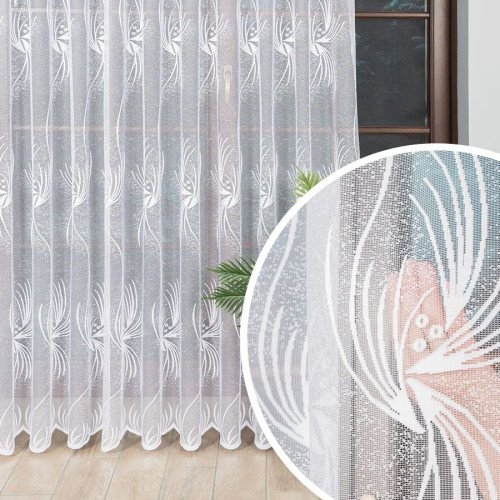 Firanka żakardowa z abstrakcyjnym wzorem po całości, kolor biały, wysokość do 230 cm, na przelotkach - szyta na wymiar