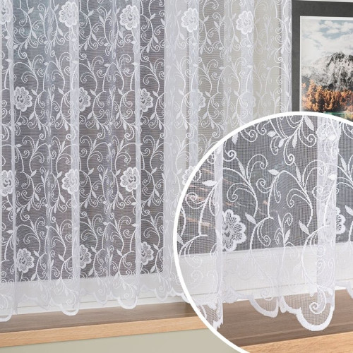 Krótka firanka żakardowa do salonu z subtelnym kwiatowo-roślinnym wzorem po całości, oferowana w dwóch wysokościach, kolor biały - sprzedawana na metry