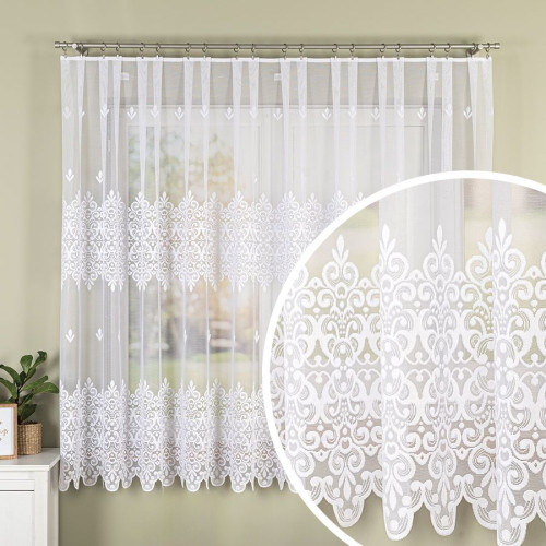 Krótka firanka żakardowa z ażurowym wzorem pasowym, kolor biały, oferowana w 2 wysokościach - sprzedawana na metry