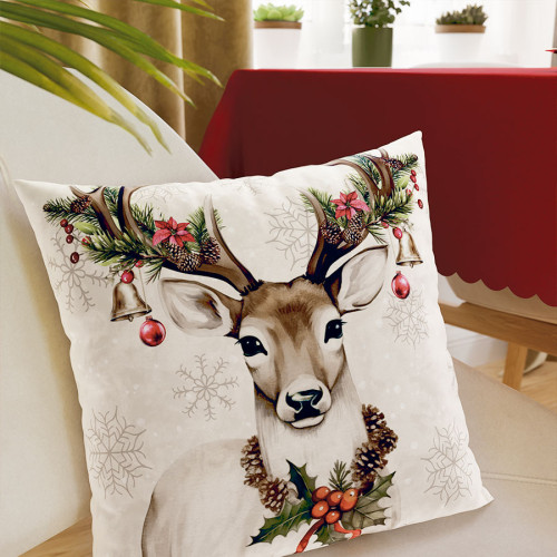 Dekoracyjna poszewka welwetowa w kolorze beżowym, świąteczny nadruk, rozmiar 40x40 cm, Vintage jelonek
