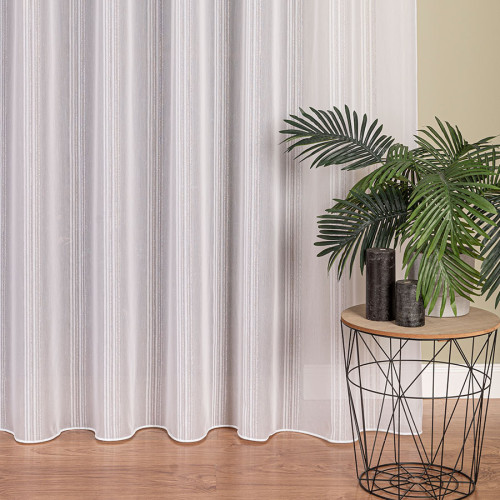 Długa firana woal z ołowianką, kolor biały z szarymi paskami, wysokość 300 cm - sprzedawana na metry